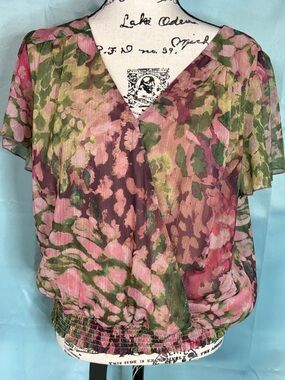 Nine Britton Floral Pink & Green V-Neck Womens Blouse